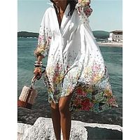 Women's Shirt Dress Casual Dress Swing Dress Mini Dress Outdoor Daily Vacation Polyester Fashion Casual Shirt Collar Button Print Long Sleeve Summer Spring Fall 2023 Loose Fit White Blue Purple Floral Lightinthebox - thumbnail