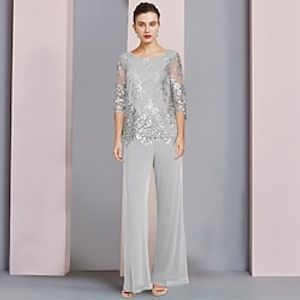 Two Piece Jumpsuit  Pantsuit Mother of the Bride Dress Formal Wedding Guest Plus Size Elegant Jewel Neck Floor Length Chiffon Lace 34 Length Sleeve with Sequin Appliques 2023 Lightinthebox