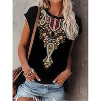 Women's T shirt Tee Black Tribal Patchwork Print Short Sleeve Casual Daily Basic Ethnic Round Neck Regular S  3D Print Lightinthebox - thumbnail