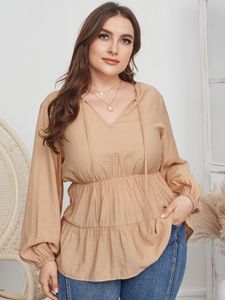 Plus Size V-neck Tie-up Design Long Sleeves Blouse
