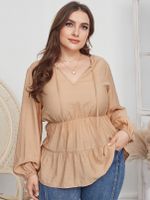 Plus Size V-neck Tie-up Design Long Sleeves Blouse - thumbnail