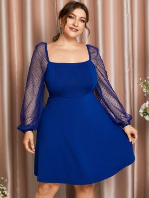 YOINS Plus Size Square Neck Mesh Patchwork Design Long Sleeves Dress
