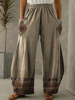 Elastic Waist Printed Pockets Wide Leg Women's Pants