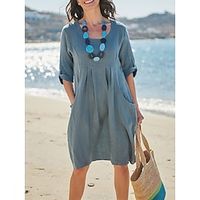 Women's Casual Dress Cotton Linen Dress Midi Dress Linen Cotton Blend Basic Casual Daily Date Weekend Crew Neck Button Pocket 34 Length Sleeve Summer Spring 2023 Loose Fit Blue Plain S M L XL 2XL Lightinthebox - thumbnail