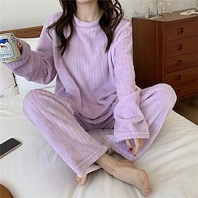 Women's Fleece Pajamas Sets Fluffy Letter Plush Casual Comfort Home Bed Coral Fleece Coral Velvet Warm Breathable Crew Neck Long Sleeve Pullover Pant Embroidery Fall Winter Light Pink Pink Lightinthebox