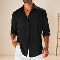 Men's Linen Shirt Shirt Summer Shirt Beach Shirt Black White Navy Blue Long Sleeve Plain Lapel Spring Fall Hawaiian Holiday Clothing Apparel Patchwork Lightinthebox