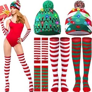 6 Pack Christmas LED Knitted Beanie Hat with Over Knee Striped Socks and Long Arm Warm Gloves Light up Xmas Beanie Knitted Cap for Adult Women Boys Girls Party Supplies miniinthebox
