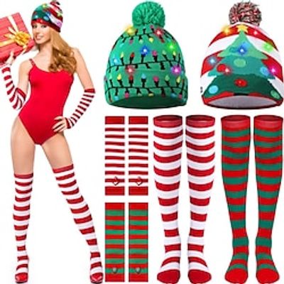 6 Pack Christmas LED Knitted Beanie Hat with Over Knee Striped Socks and Long Arm Warm Gloves Light up Xmas Beanie Knitted Cap for Adult Women Boys Girls Party Supplies Lightinthebox