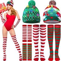 6 Pack Christmas LED Knitted Beanie Hat with Over Knee Striped Socks and Long Arm Warm Gloves Light up Xmas Beanie Knitted Cap for Adult Women Boys Girls Party Supplies miniinthebox - thumbnail