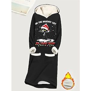 Women's Christmas Dress Hoodie Dress Midi Dress Sherpa Fleece Lined Warm Outdoor Christmas Going out Hoodie Pocket Print Cat Letter Loose Fit Black S M L XL XXL Lightinthebox