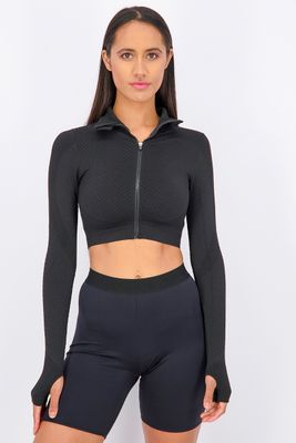 Womens Textured Long Sleeve Zippered Jacket Black Womens Textured Long Sleeve Zippered Jacket Black