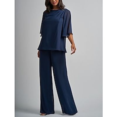 Jumpsuits Mother of the Bride Dress Wedding Guest Elegant Scoop Neck Ankle Length Chiffon Half Sleeve with Crystals Ruching Solid Color 2023 Lightinthebox