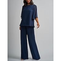 Jumpsuits Mother of the Bride Dress Wedding Guest Elegant Scoop Neck Ankle Length Chiffon Half Sleeve with Crystals Ruching Solid Color 2023 Lightinthebox - thumbnail