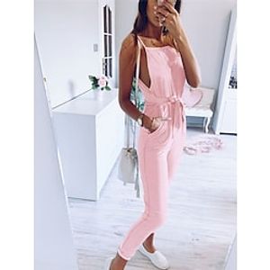 Women's Jumpsuit Lace up Pocket Solid Color Square Neck Streetwear Daily Vacation Regular Fit Spaghetti Strap Pink Army Green Gray S M L Spring miniinthebox