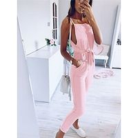 Women's Jumpsuit Lace up Pocket Solid Color Square Neck Streetwear Daily Vacation Regular Fit Spaghetti Strap Pink Army Green Gray S M L Spring miniinthebox - thumbnail