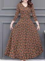 Printed Long Sleeve V-Neck Dress - thumbnail