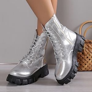 Women's Boots Biker boots Combat Boots Metallic Boots Outdoor Daily Knee High Boots Buckle Zipper Platform Vintage Casual Comfort Faux Leather Zipper Solid Color Cut-out Black Silver Lightinthebox