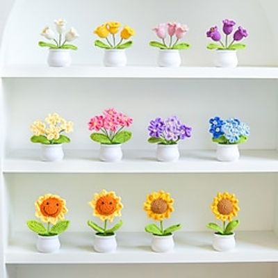 Hand-Crocheted Small Flowers Potted Finished Home Ornaments Decoration Artificial Flower Wool Knitted Sunflower Woven Bouquet miniinthebox