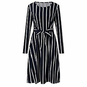 yilian womens striped long sleeves round neck casual dress elegant midi dress(medium, blue) Lightinthebox