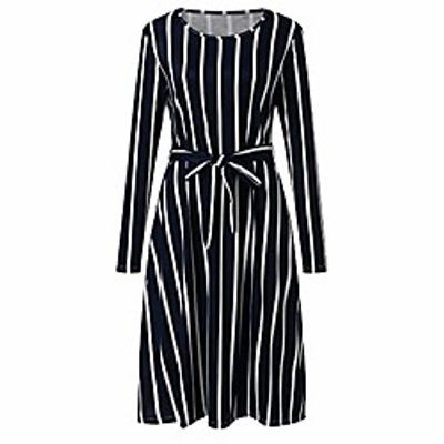 yilian womens striped long sleeves round neck casual dress elegant midi dress(medium, blue) Lightinthebox