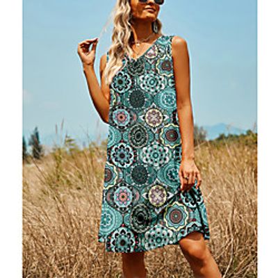 Women's A Line Dress Knee Length Dress Stripe Flowers Ethnic red Ethnic blue Sleeveless Pattern Summer Casual 2021 S M L XL XXL Lightinthebox
