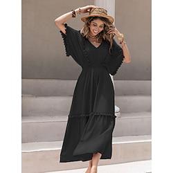 Women's Black Dress Plain Fringe V Neck Maxi Dress Solid Boho Vacation Short Sleeve Summer Lightinthebox