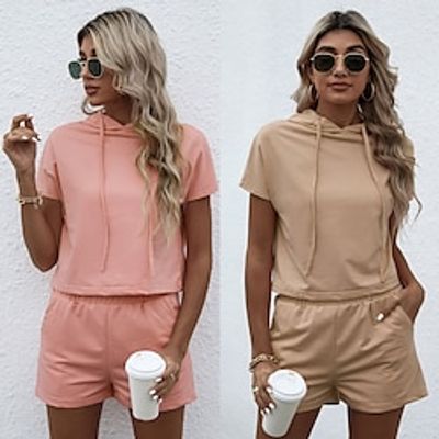 Women's 2 Piece Set Drawstring Hoodie Solid Color Sport Athleisure Clothing Suit Short Sleeves Breathable Soft Comfortable Everyday Use Street Casual Daily Outdoor  2 Pieces Lightinthebox