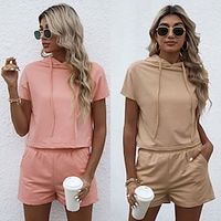 Women's 2 Piece Set Drawstring Hoodie Solid Color Sport Athleisure Clothing Suit Short Sleeves Breathable Soft Comfortable Everyday Use Street Casual Daily Outdoor  2 Pieces Lightinthebox - thumbnail