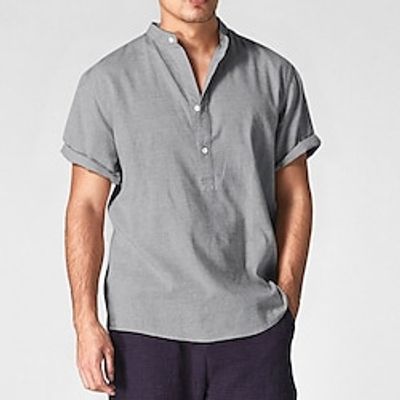 Men's Linen Shirt Plain Standing Collar Army Green Navy Blue Khaki Gray Work Daily Short Sleeve Clothing Apparel Linen Business Comfortable Lightinthebox