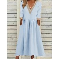 Women's Casual Dress Cotton Linen Dress Midi Dress Linen Cotton Blend Basic Modern Daily Weekend V Neck Patchwork Half Sleeve Summer Spring 2023 Loose Fit White Navy Blue Blue Plain S M L XL 2XL Lightinthebox