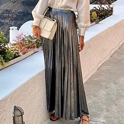 Women's A Line Swing Pleated Maxi Silver Skirts Fall  Winter Shiny Metallic Sparkle Elegant Street Daily S M L Lightinthebox