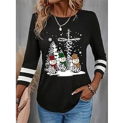 Christmas Shirt Women's T shirt Tee Snowman Christmas Tree Black Red Blue Print Long Sleeve Party Christmas Weekend Festival / Holiday Round Neck Regular Fit Spring   Fall miniinthebox