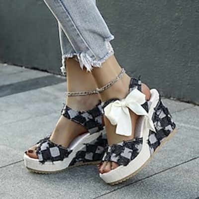 Women's Sandals Dress Shoes Height Increasing Shoes Party Daily Plaid Summer Ribbon Tie Platform Wedge Heel Peep Toe Elegant Fashion Casual Denim Cloth Ankle Strap Black Blue Lightinthebox