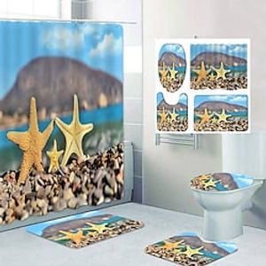 Beach 4Pcs Shower Curtain Set with Rug Toilet Lid Cover Sets with Non-Slip Rug Bath Mat for Bathroom Waterproof Polyester Shower Curtain with 12 HooksBathroom Decoration miniinthebox