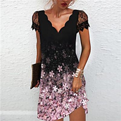 Women's A Line Dress Short Mini Dress White Black Pink Short Sleeve Floral Lace Print Spring Summer V Neck Stylish Work Casual 2022 S M L XL XXL 3XL miniinthebox