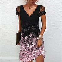 Women's A Line Dress Short Mini Dress White Black Pink Short Sleeve Floral Lace Print Spring Summer V Neck Stylish Work Casual 2022 S M L XL XXL 3XL miniinthebox - thumbnail