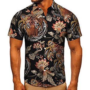 Men's Shirt 3D Print Graphic Prints Tiger Button-Down Short Sleeve Street Tops Casual Fashion Classic Breathable Black miniinthebox