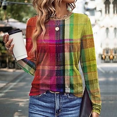 Women's T shirt Tee Red Plaid Print Long Sleeve Daily Weekend Fashion Round Neck Regular Fit Painting Spring   Fall Lightinthebox