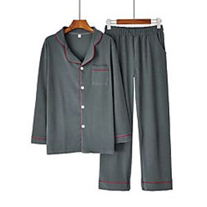 Men's Elastic Waistband Button Solid Color Cotton Loungewear Suits Casual Shirt Pant Button Down Collar Home L Blue  2 Pieces  2 Pieces  Long Sleeve Lightinthebox