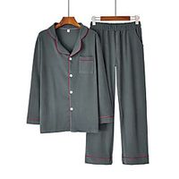 Men's Elastic Waistband Button Solid Color Cotton Loungewear Suits Casual Shirt Pant Button Down Collar Home L Blue  2 Pieces  2 Pieces  Long Sleeve Lightinthebox - thumbnail