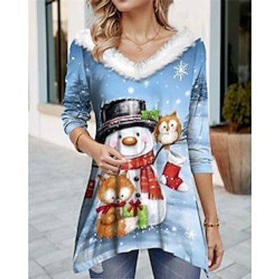 Women's T shirt Tee Christmas Shirt Snowman Blue Flowing tunic Print Long Sleeve Christmas Weekend Festival Holiday Fur Collar V Neck Regular Fit Spring Fall Lightinthebox Women's T shirt Tee Christmas Shirt Snowman Blue Flowing tunic Print Long Sleeve Christmas Weekend Festival Holiday Fur Collar V Neck Regular Fit Spring Fall Lightinthebox