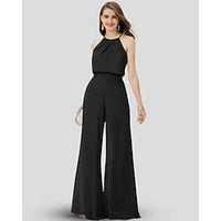 Jumpsuits Bridesmaid Dress Halter Neck Sleeveless Elegant Floor Length Chiffon with Pleats 2022 Lightinthebox - thumbnail