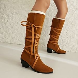 Women's Boots Motorcycle Boots Plus Size Work Boots Outdoor Daily Knee High Boots Buckle Block Heel Chunky Heel Round Toe Vintage Casual Minimalism Suede Zipper Solid Color Black Brown miniinthebox