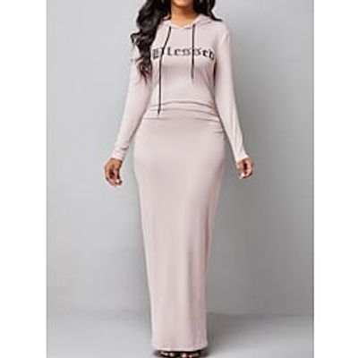 Women's Sheath Dress Maxi long Dress Pink Long Sleeve Letter Ruched Print Spring Summer Hooded Casual Modern 2022 M L XL XXL Lightinthebox