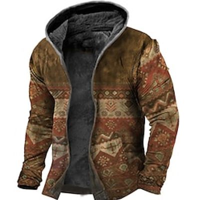 Men's Fleece Jacket Full Zip Hoodie Fleece Hoodie Sherpa Jacket Brown Hooded Graphic Prints Zipper Print Sports  Outdoor Daily Sports 3D Print Fleece Boho Streetwear Designer Winter Clothing Apparel Lightinthebox
