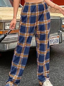 Straight loose high waist plaid fashion casual trousers