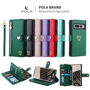 Phone Case For Google Pixel Pixel 8 Pro Pixel 7 Pixel 6 Pro Wallet Case Zipper with Wrist Strap Kickstand Solid Color Heart TPU PU Leather miniinthebox