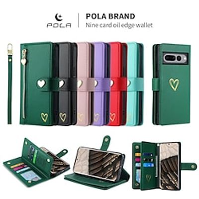 Phone Case For Google Pixel Pixel 8 Pro Pixel 7 Pixel 6 Pro Wallet Case Zipper with Wrist Strap Kickstand Solid Color Heart TPU PU Leather Lightinthebox