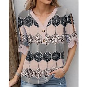 Women's T shirt Tee Henley Shirt Geometric Color Block Pink Blue Purple Print Button Cut Out Short Sleeve Daily Weekend Fashion V Neck Regular Fit Spring  Summer Lightinthebox