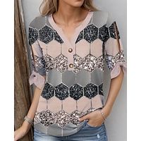 Women's T shirt Tee Henley Shirt Geometric Color Block Pink Blue Purple Print Button Cut Out Short Sleeve Daily Weekend Fashion V Neck Regular Fit Spring  Summer Lightinthebox - thumbnail